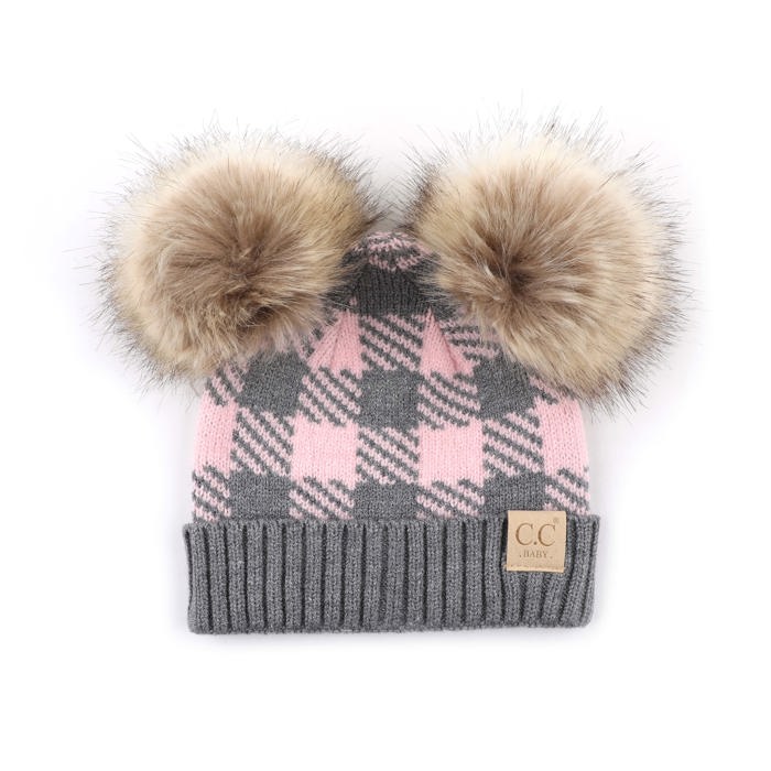 C.C® Beanie Baby & Kids Buffalo Plaid Double Pom Hats