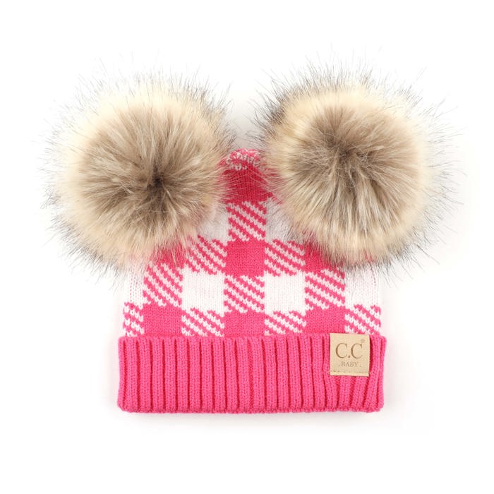 C.C® Beanie Baby & Kids Buffalo Plaid Double Pom Hats