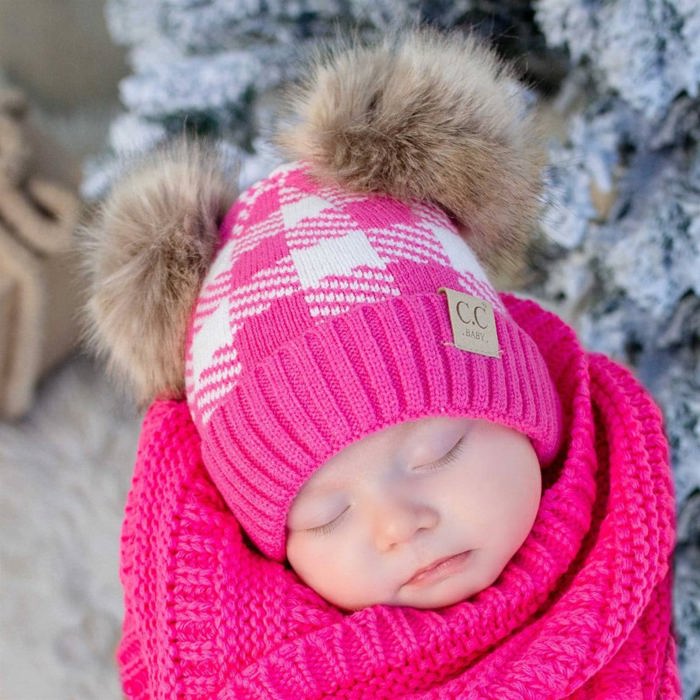 C.C® Beanie Baby & Kids Buffalo Plaid Double Pom Hats
