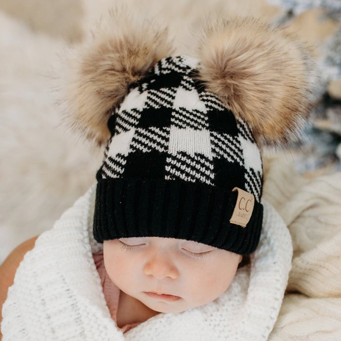 C.C® Beanie Baby & Kids Buffalo Plaid Double Pom Hats