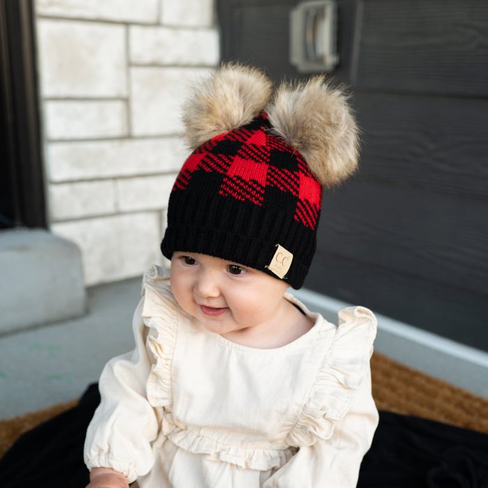 C.C® Beanie Baby & Kids Buffalo Plaid Double Pom Hats