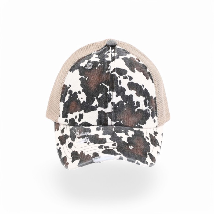 CC Cow Print Pony Hats Criss Cross Style Women Cap for Ponytails