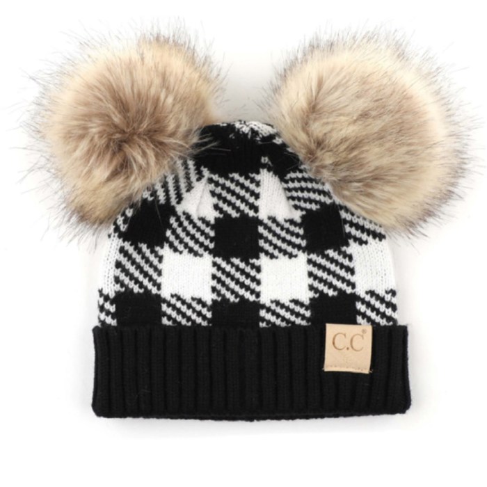 C.C® Beanie Baby & Kids Buffalo Plaid Double Pom Hats
