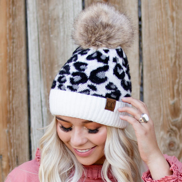 C.C® Beanie Soft Leopard Pom Hats, Women Teen Girls