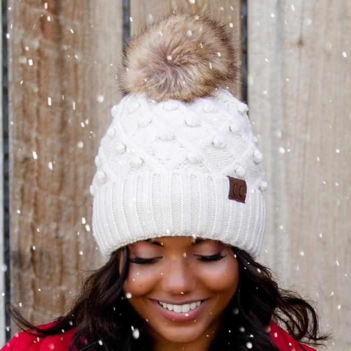 C.C® Fleece Lined Pom Beanie | Hand Crocheted Bobbles