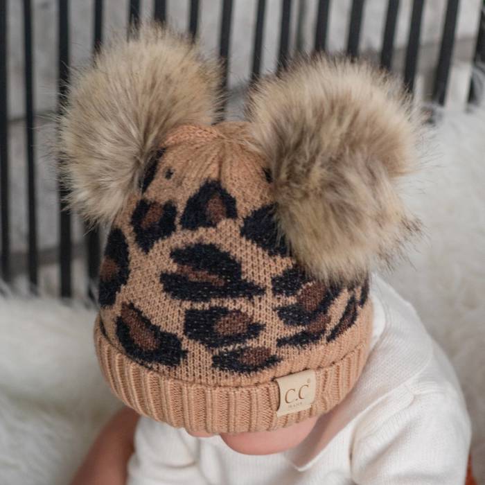 C.C® Beanie Double Pom Leopard Fashion Hats, Ages 1-5