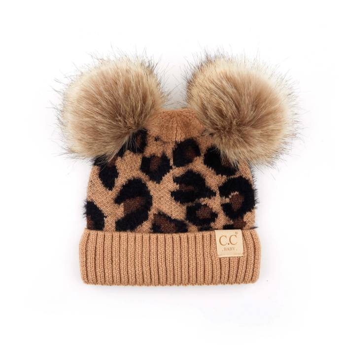 C.C® Beanie Double Pom Leopard Fashion Hats, Ages 1-5