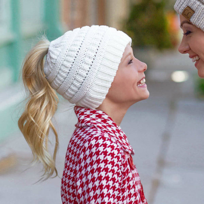 CC Messy Bun Adults and Kids Ponytail Beanies Hats