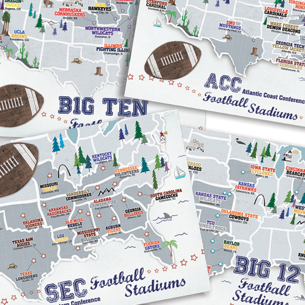 College Football Stadium Maps with Travel Pins | 8x10, 11x14 OR 16x20 ...