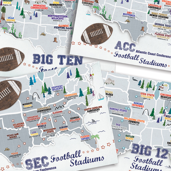 College Football Stadium Maps with Travel Pins |  8x10, 11x14 OR 16x20 Canvas