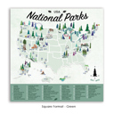 Green 24 x 24 National Park Maps with Travel Pins | Canvas | Multiple Sizes