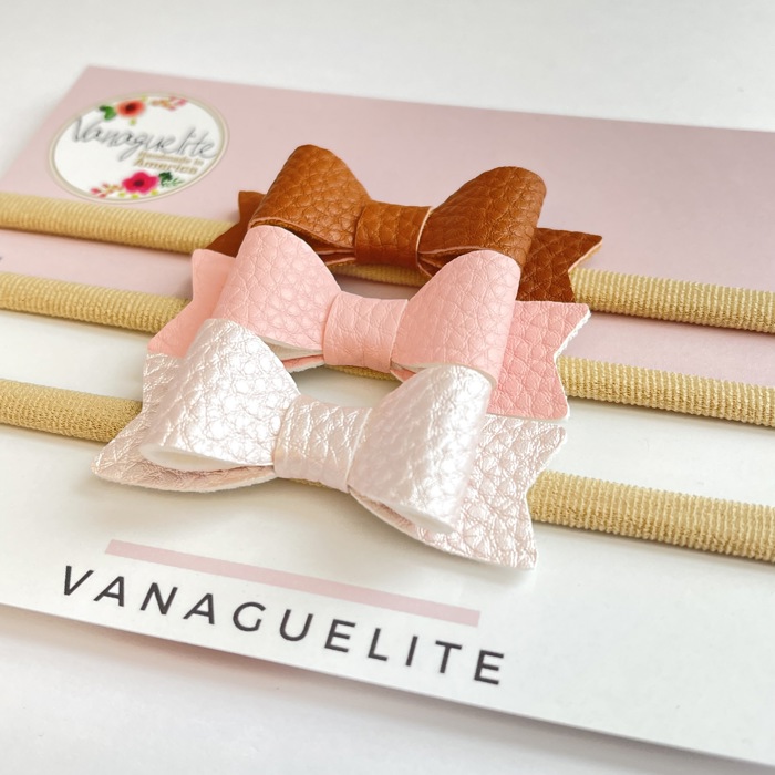 Baby Girl Hair Bows Headbands, Set of 3 Vegan Leather Mini Bows