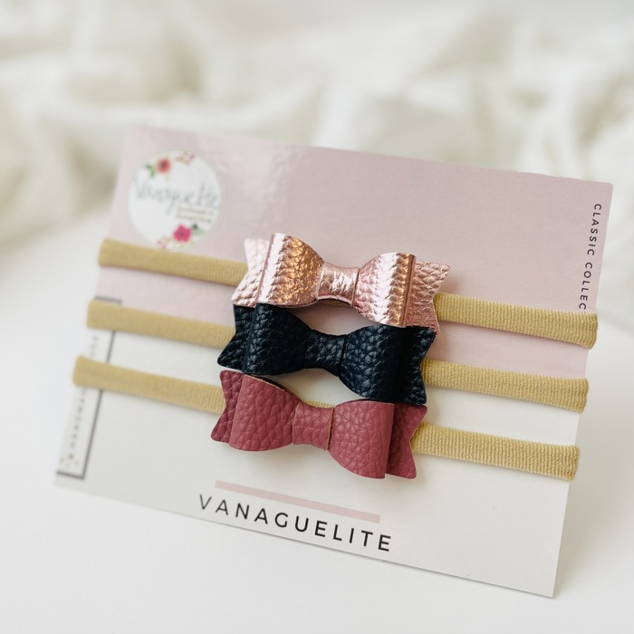 Baby Girl Hair Bows Headbands, Set of 3 Vegan Leather Mini Bows
