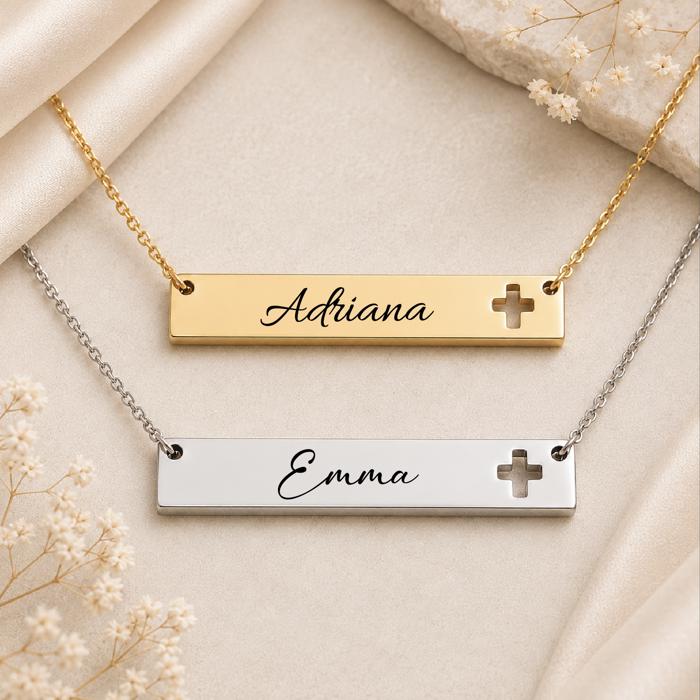 Personalized Name Bar Necklace | Engraved Christian Jewelry, Faith Gift for Her