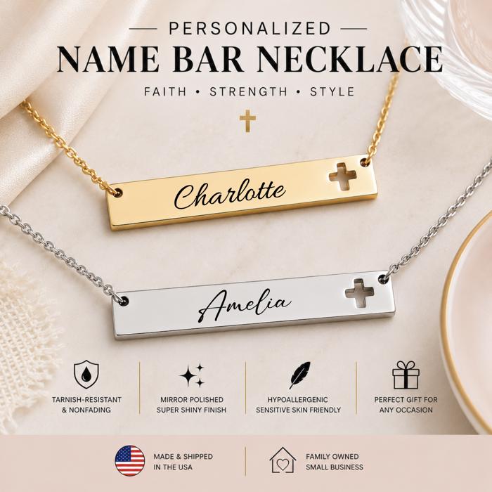 Personalized Name Bar Necklace | Engraved Christian Jewelry, Faith Gift for Her