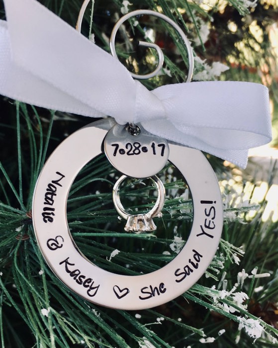Personalized engagement ornament She Said Yes ornament Christmas ornament with names engagement ring gift First Christmas gift