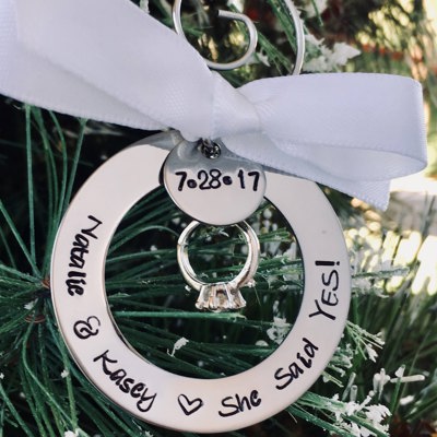 Personalized engagement ornament She Said Yes ornament Christmas ornament with names engagement ring gift First Christmas gift