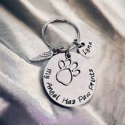 My angel has paw prints pet memorial keychain with pets name