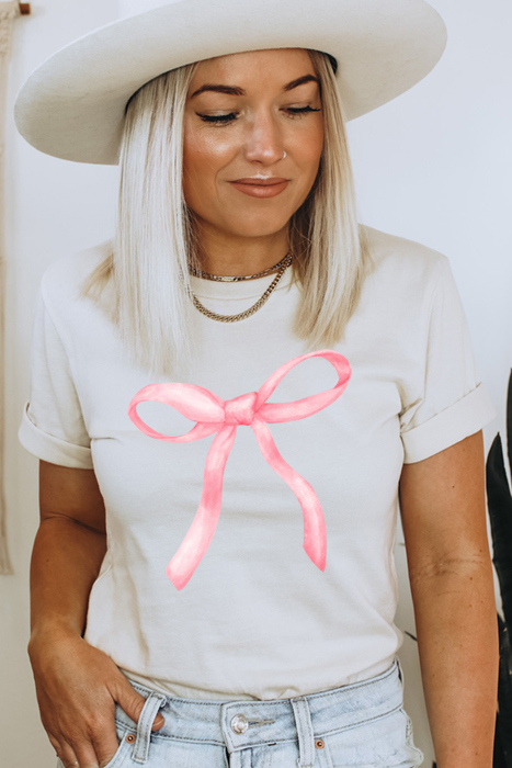 Trendy Pink Bow Tee, Graphic Tee, On Trend Shirt