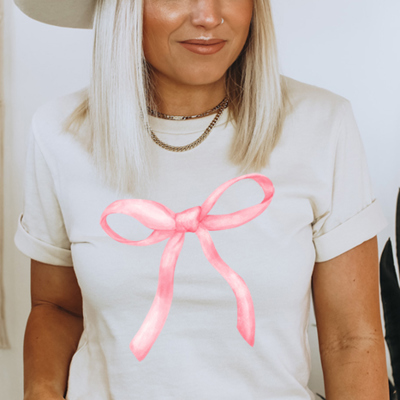 Trendy Pink Bow Tee, Graphic Tee, On Trend Shirt