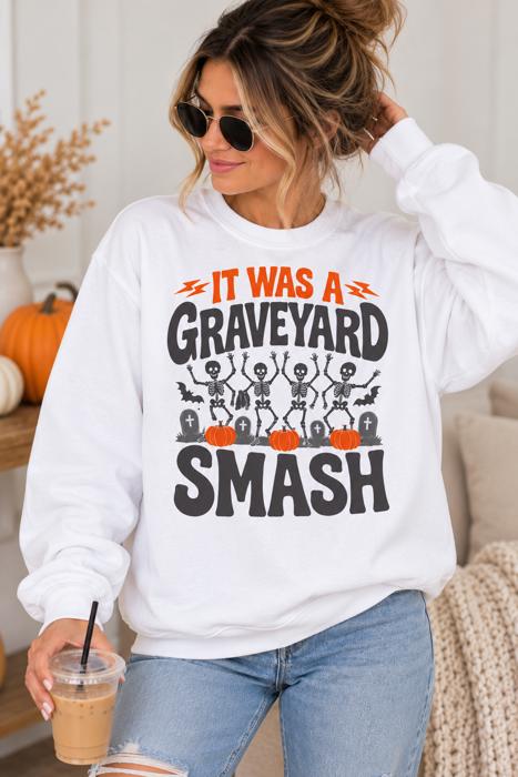 Graveyard Smash Halloween Sweatshirt, Dancing Skeleton Crewneck, Gildan Halloween Shirt,  Retro Spooky Season Sweatshirt