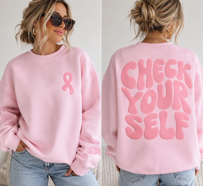 Check Yourself Pink Puff Print Crewneck Sweatshirt, Breast Cancer Ribbon Shirt, Pink October Sweatshirt, Breast Cancer Awareness Sweatshirt