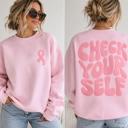 Small Light Pink Check Yourself Pink Puff Print Crewneck Sweatshirt, Breast Cancer Ribbon Shirt, Pink October Sweatshirt, Breast Cancer Awareness Sweatshirt