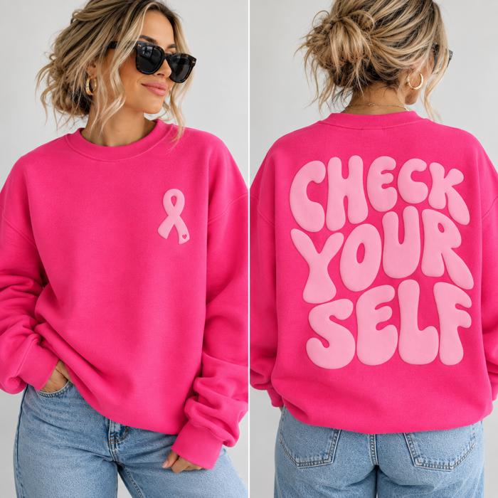 Check Yourself Pink Puff Print Crewneck Sweatshirt, Breast Cancer Ribbon Shirt, Pink October Sweatshirt, Breast Cancer Awareness Sweatshirt