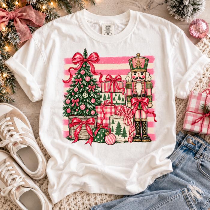 Nutcracker Christmas Comfort Colors Tee, Pink Bow Holiday Shirt, Christmas Tree Graphic Tee