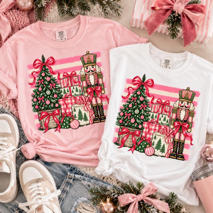 Nutcracker Christmas Comfort Colors Tee, Pink Bow Holiday Shirt, Christmas Tree Graphic Tee