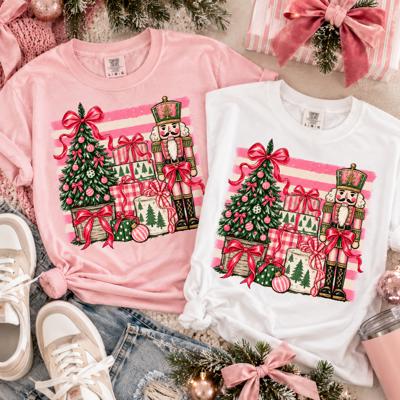 Nutcracker Christmas Comfort Colors Tee, Pink Bow Holiday Shirt, Christmas Tree Graphic Tee