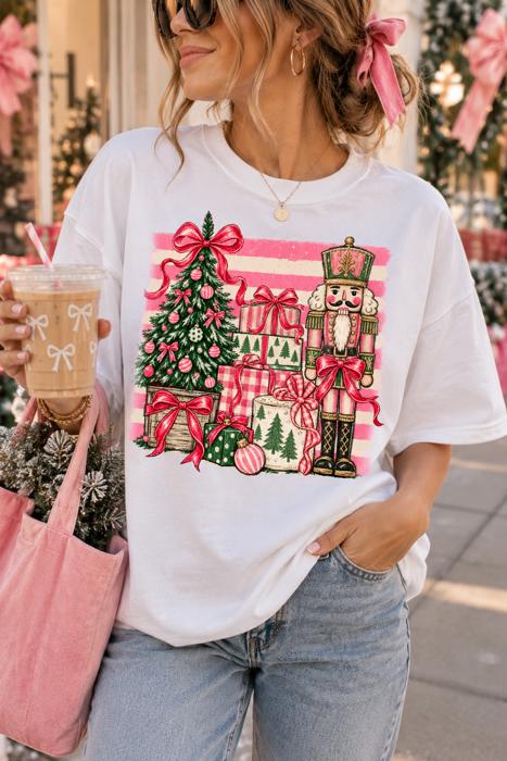 Nutcracker Christmas Comfort Colors Tee, Pink Bow Holiday Shirt, Christmas Tree Graphic Tee