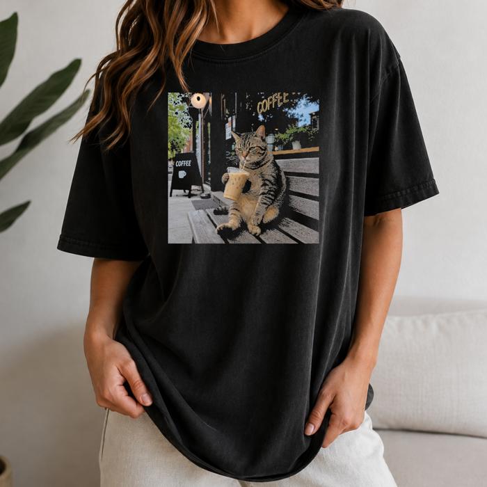 Funny Coffee Cat Shirt, Cat Lover Graphic Tee, Iced Coffee T-Shirt, Trendy Cat Shirt, Coffee Lover Gift, Black Comfort Colors Tee