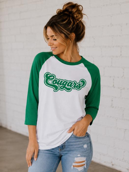 Cougars Raglan Baseball Tee, Game Day Shirt, School Spirit 3/4 Sleeve Tee, Unisex Team Shirt
