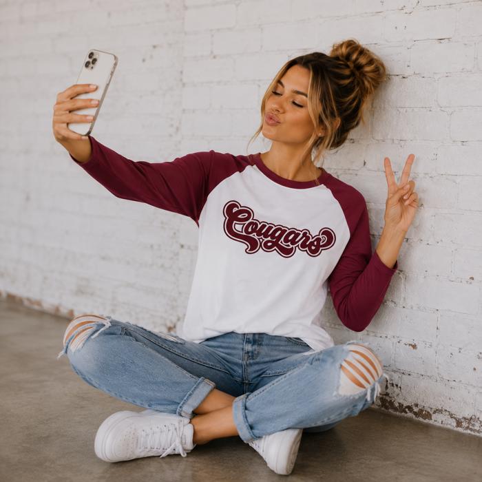 Cougars Raglan Baseball Tee, Game Day Shirt, School Spirit 3/4 Sleeve Tee, Unisex Team Shirt