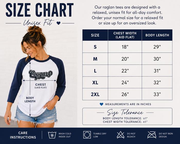 Cougars Raglan Baseball Tee, Game Day Shirt, School Spirit 3/4 Sleeve Tee, Unisex Team Shirt