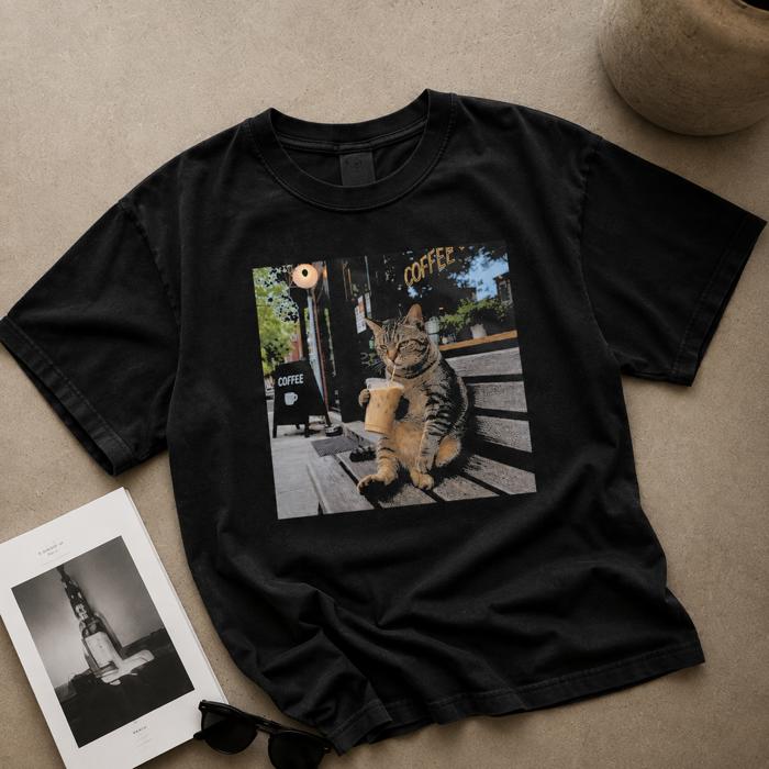Funny Coffee Cat Shirt, Cat Lover Graphic Tee, Iced Coffee T-Shirt, Trendy Cat Shirt, Coffee Lover Gift, Black Comfort Colors Tee