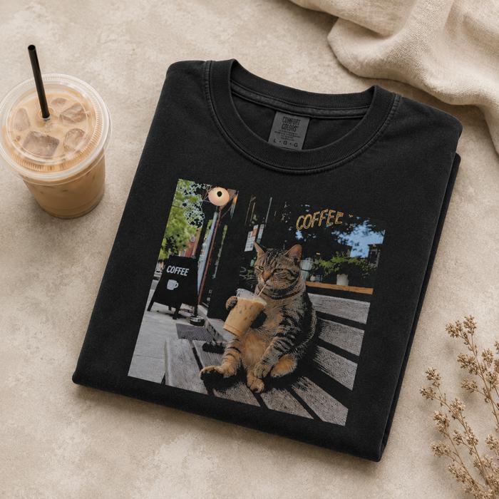 Funny Coffee Cat Shirt, Cat Lover Graphic Tee, Iced Coffee T-Shirt, Trendy Cat Shirt, Coffee Lover Gift, Black Comfort Colors Tee