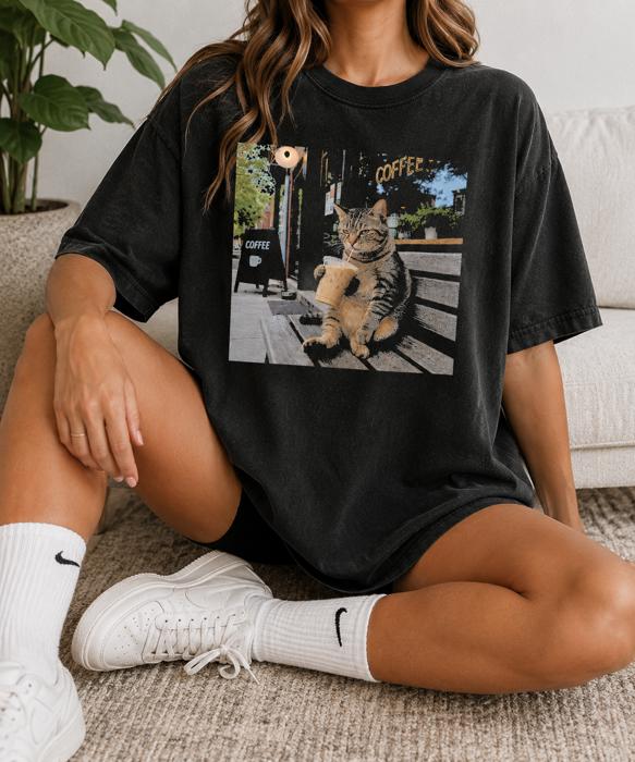 Funny Coffee Cat Shirt, Cat Lover Graphic Tee, Iced Coffee T-Shirt, Trendy Cat Shirt, Coffee Lover Gift, Black Comfort Colors Tee