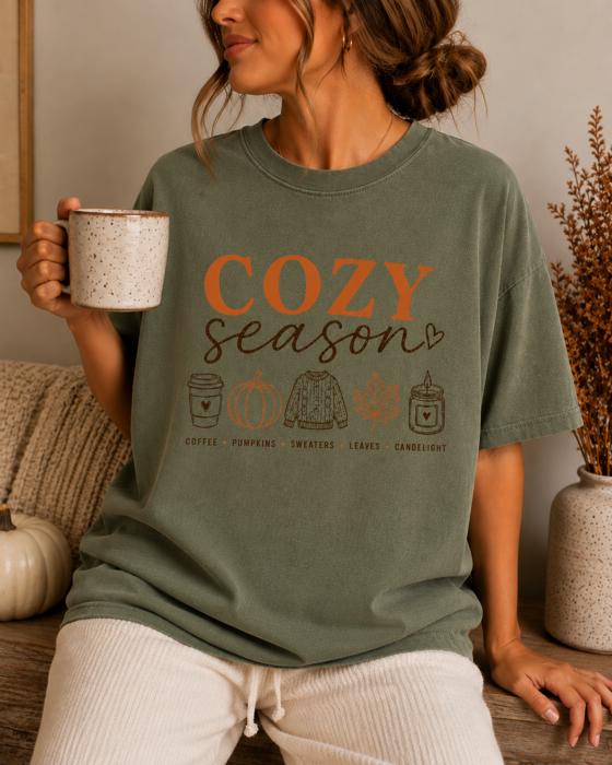 Cozy Season Comfort Colors, Fall Graphic Tee, Pumpkin Coffee Sweater Autumn Shirt, Cozy Fall Shirt Women