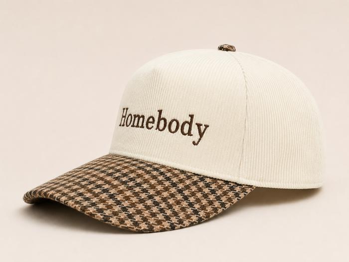 Homebody Embroidered 5 Panel Corduroy Baseball Cap with Plaid Brim