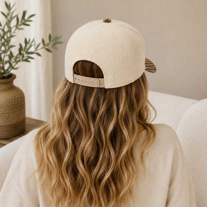 Homebody Embroidered 5 Panel Corduroy Baseball Cap with Plaid Brim