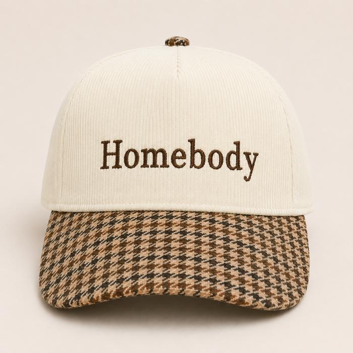 Homebody Embroidered 5 Panel Corduroy Baseball Cap with Plaid Brim