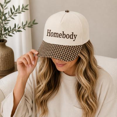 Homebody Embroidered 5 Panel Corduroy Baseball Cap with Plaid Brim