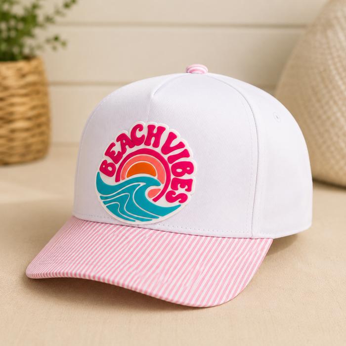 Beach Vibes PVC Rubber Patch Hat, Stripe Brim, Vacation Cap, Snapback