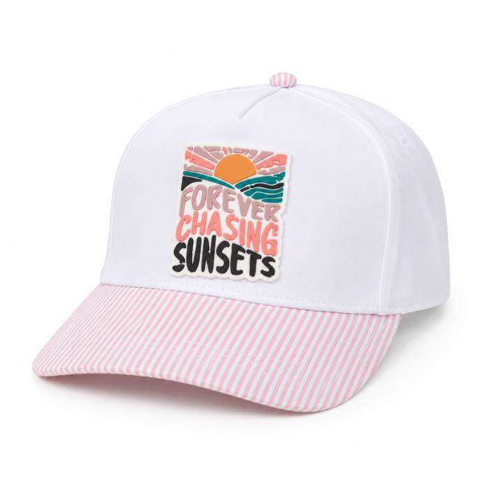 Forever Chasing Sunsets PVC Rubber Patch Hat, Striped Brim Hat