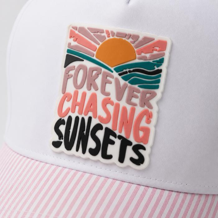 Forever Chasing Sunsets PVC Rubber Patch Hat, Striped Brim Hat