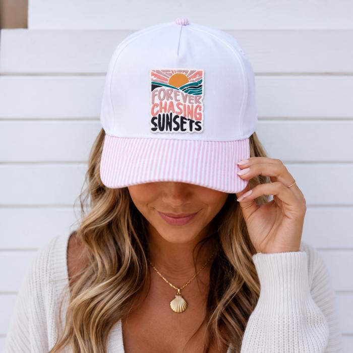 Forever Chasing Sunsets PVC Rubber Patch Hat, Striped Brim Hat