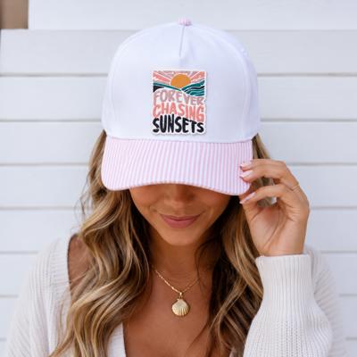 Forever Chasing Sunsets PVC Rubber Patch Hat, Striped Brim Hat