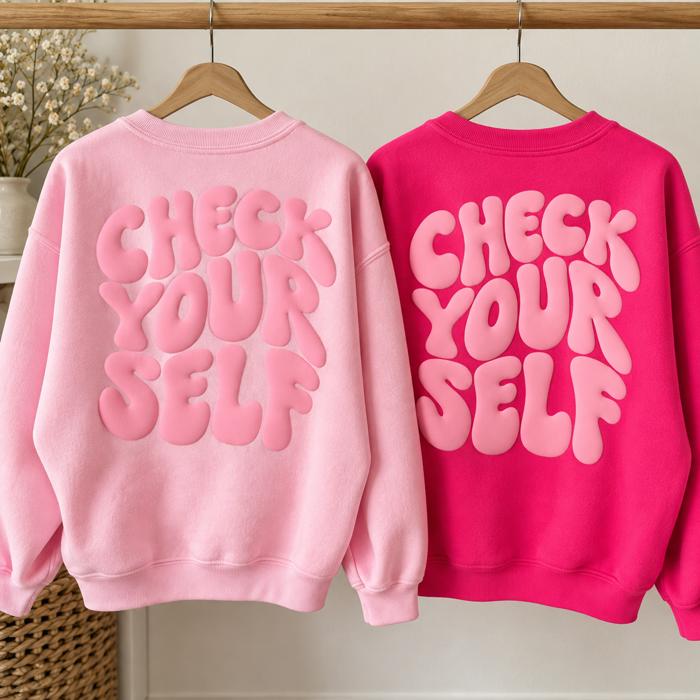 Check Yourself Pink Puff Print Crewneck Sweatshirt, Breast Cancer Ribbon Shirt, Pink October Sweatshirt, Breast Cancer Awareness Sweatshirt